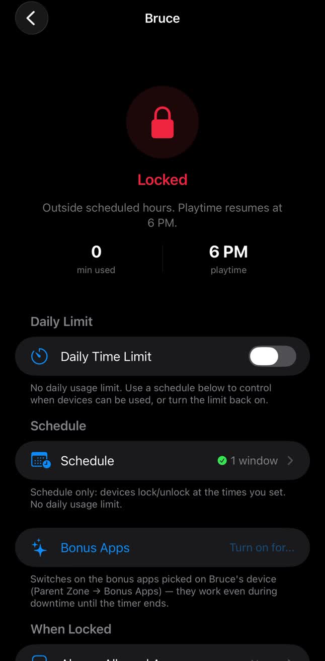 Bruce's screen locked outside scheduled hours, playtime resumes at 6 PM