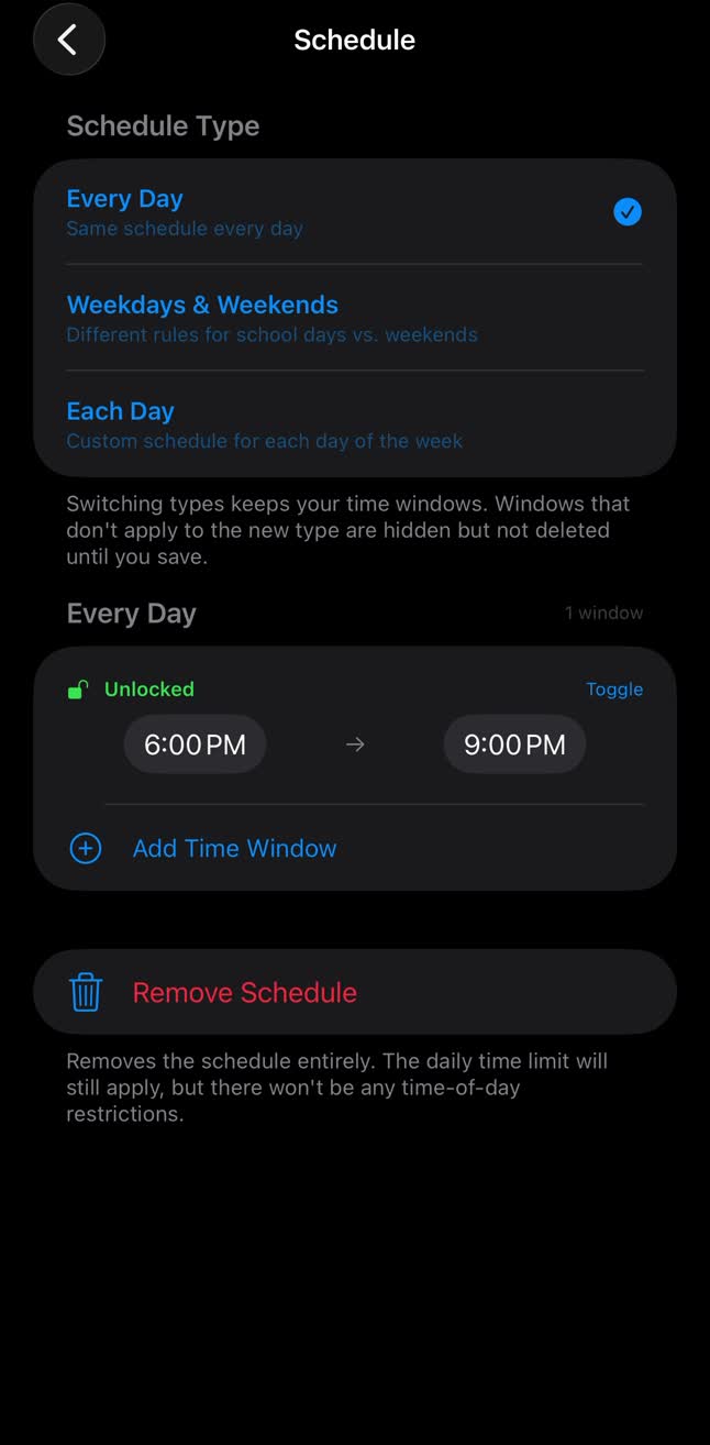 Schedule screen with a daily 6:00 PM to 9:00 PM playtime window